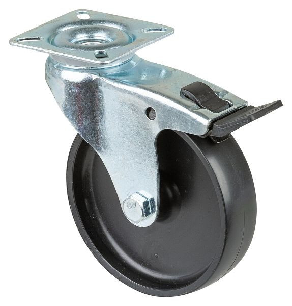 BS rollen apparaatrol, plaat, rem, breedte 23 mm, Ø100 mm, tot 65 kg, loopvlak zwart kunststof, glijlager, VE = 4 stuks, A320.A90.100