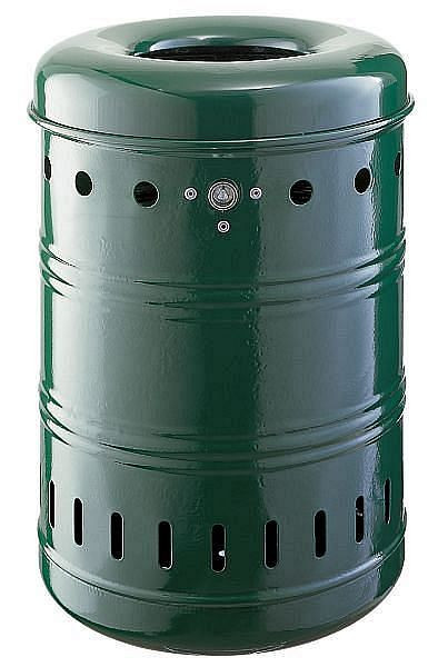 Renner afvalbak met veerdeksel ca. 35 L, geperforeerd, voor wand- en paalmontage, thermisch verzinkt en gepoedercoat, mosgroen, 7023-00PB 6005