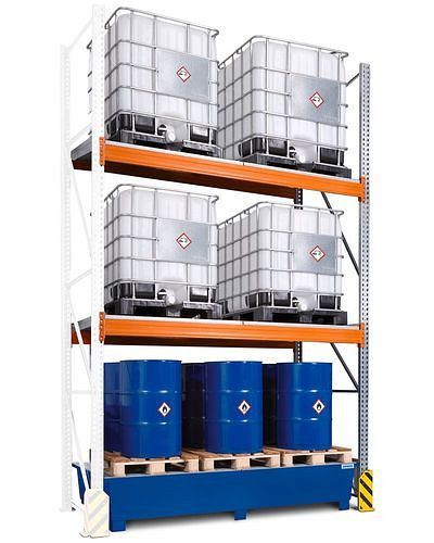 DENIOS palletstelling voor gevaarlijke stoffen, aanbouwgedeelte, 3 opslagniveaus, gelakte opvangbak, 2800 x 1300 x 4400 mm, 305417