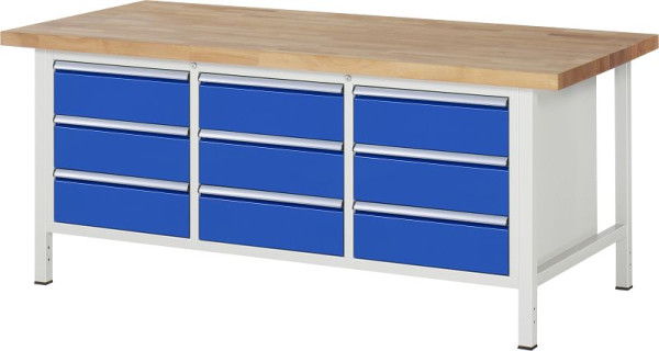RAU werkbank serie 8000 - frameconstructie (gelast frame), drievoudige onderbak (9x lade), 2000x840x900 mm, 03-8574A2-209B4S.11