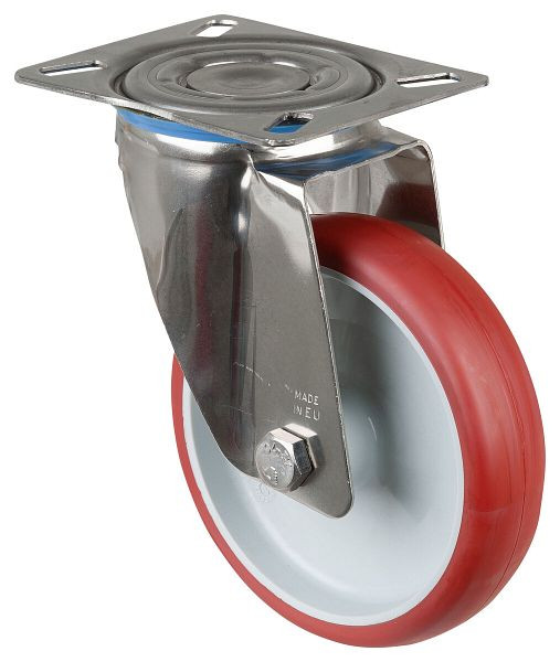 BS rollen RVS transportrol, breedte 35 mm, Ø150 mm, tot 200 kg, loopvlak polyurethaan rood, wiellichaam kunststof, glijlager, plaat, H100.B26.150