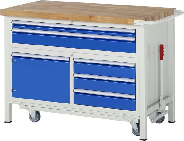 RAU werkbank met neerlaatbaar onderstel serie 8000, drievoudige bodemcontainer (5x lade, 1x draaideur), 1250x920x700 mm, 05-8922A2-127B4F.11
