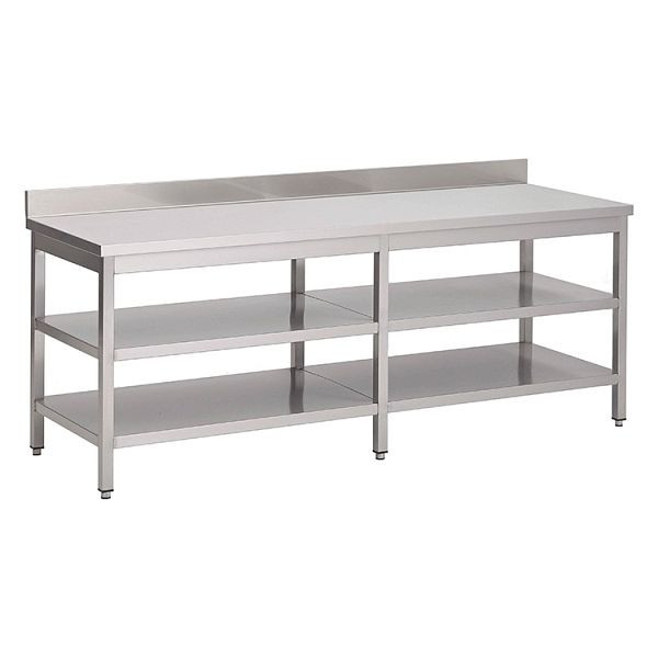 Gastro-Inox RVS AISI 430 werktafel met dubbele bodem en opstand, 2600x700x850mm, versterkt met 18 mm, gecoate spaanplaat, 301.344