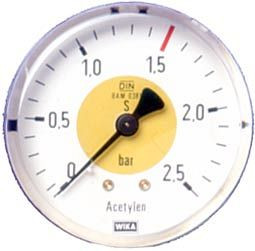ELMAG werkmanometer (acetyleen), Ø 63mm, 0-2,5 bar, AG 1/4' bodem voor drukregelaar voor stalen cilinder, 54133