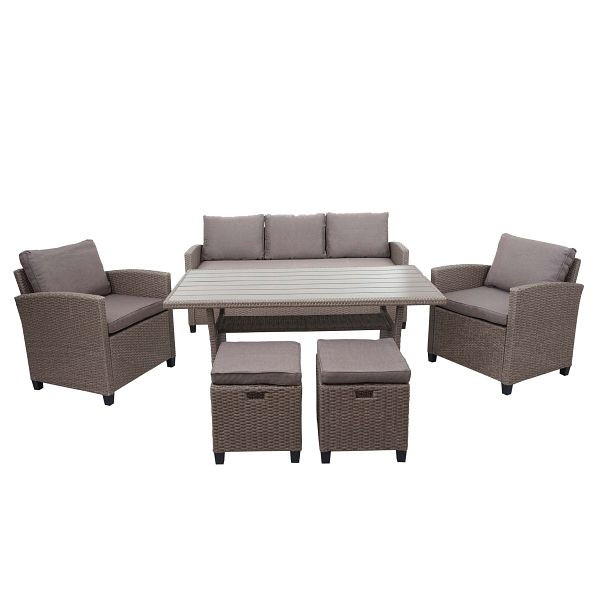 Mendler poly rotan set HWC-E95, tuin/lounge set, gesponnen poly halfrond rotan, grijsbruin, grijze kussens, 69076+69077+69078