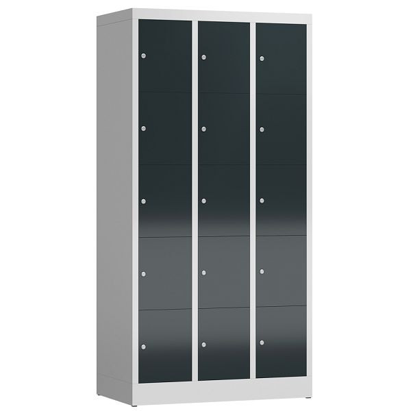 Lüllmann ClassiX lockerkast, 3 compartimenten met elk 5 compartimenten, 1800 x 870 x 500 mm, lichtgrijs/antracietgrijs, X-520538