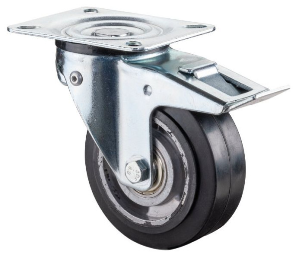 BS Wielen Zwenkwiel met rem, zwarte elastische banden, aluminium velg, kogellagers, met lastafhankelijke richtingvastzet 360°, L320.B80.100