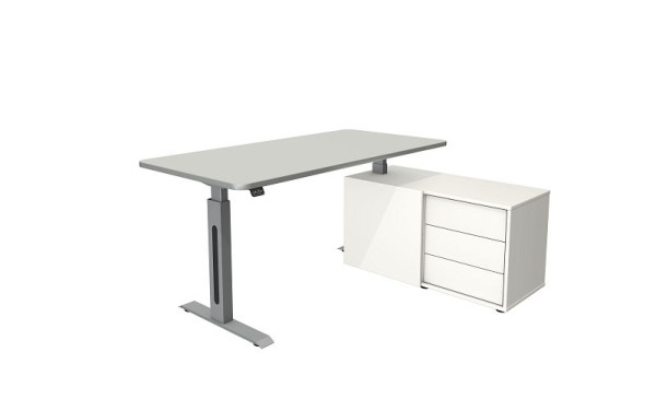 Kerkmann Move 1 Style sta-/zittafel met dressoir, zilver frame, elektrisch in hoogte verstelbaar van 740 - 1230 mm, lichtgrijs/zilver, 10177111