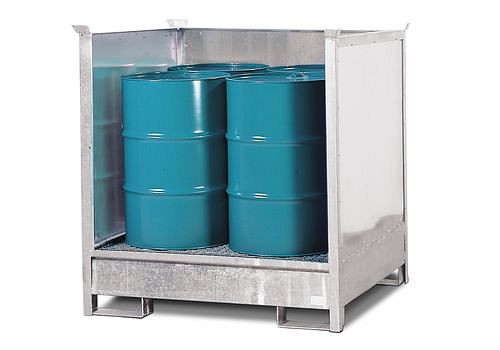 DENIOS station voor gevaarlijke goederen 4 P2-O-V50 van staal, verzinkt, voor 4 vaten van 200 liter, 3 wanden, stapelbaar, 178-414