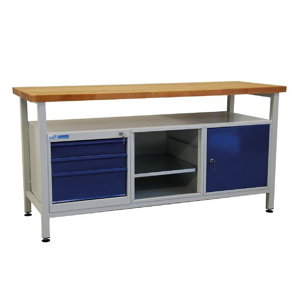 ADB werkbank 3 laden + 1 plankdeel + 1 deur, plank, 1700x600x840 mm, werktafel: lichtgrijs, RAL 7035, kleur deur/lade: lichtblauw (RAL 5012), 42752