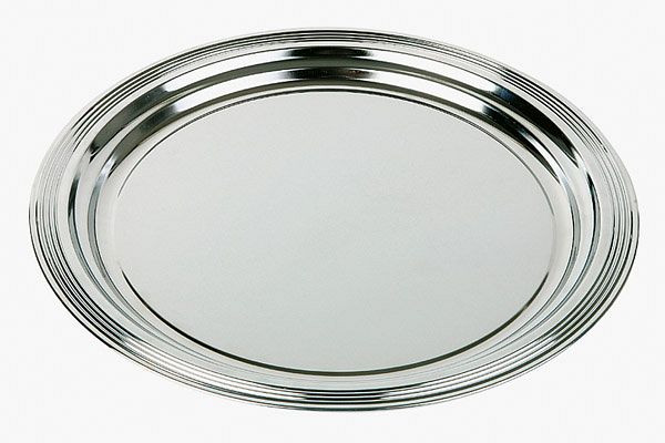 APS feestbord -CLASSIC-, Ø 35 cm, metaal, vernikkeld en glanzend verchroomd, met lijndecoratie, rolrand, VE 48, 00396