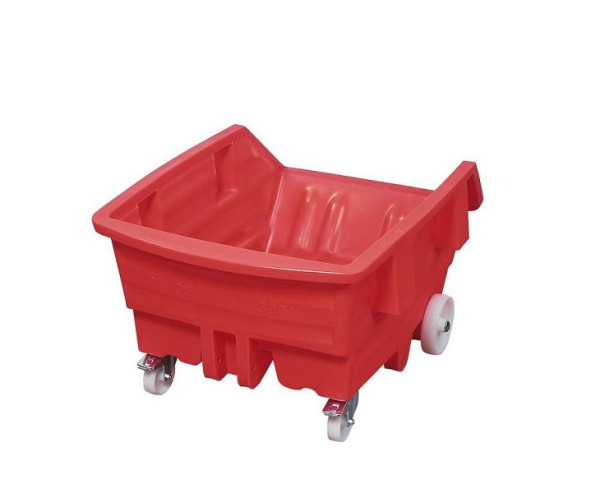 DENIOS Kippwagen aus Polyethylen (PE), mit Rollen, 500 Liter Volumen, rot, 153539