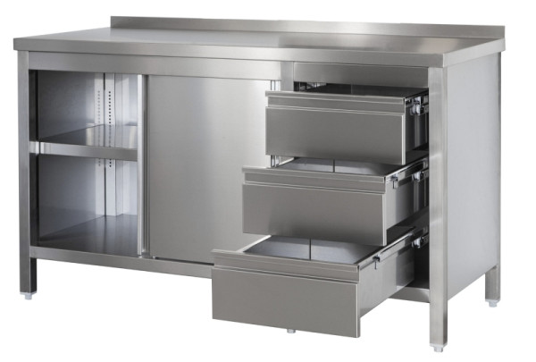 A&S Gastro RVS werkkast met opstaande rand, ladenblok rechts, deuren, tussenplank, diepte 600mm, AISI 304, 2900 x 600 x 850 mm, ARSASBR296