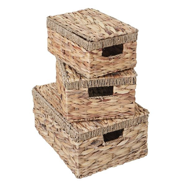 Mendler set van 3 opbergdozen HWC-C23, kistdoos met deksel, waterhyacint natuurlijke kleur, 61209