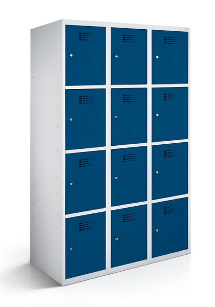 KEMMLIT lockerkast met 3 vakken en 12 deuren 30cm met gesloten bodem, gentiaanblauw 5010, draaibare sluiting, 100646
