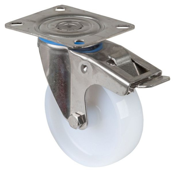 BS rollen RVS transportrol met rem, breedte 30 mm, Ø100 mm, tot 130 kg, loopvlak/wiellichaam kunststof, glijlager, plaat, H120.A90.100