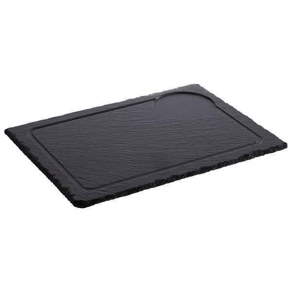 APS natuurleisteen bord, 33 x 24 cm, materiaaldikte 6-9 mm, gebroken randen, glanzend, verzegeld oppervlak, sapgroef, Ø 9,5 cm uitsparing, 00947