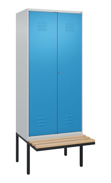 C+P Umkleidespind Classic PLUS SW, 2 Abteile, 2120x800x815mm, 7035/5012, Zylinderschloss, Buche-Sitzleisten, 0800427-22 S10048
