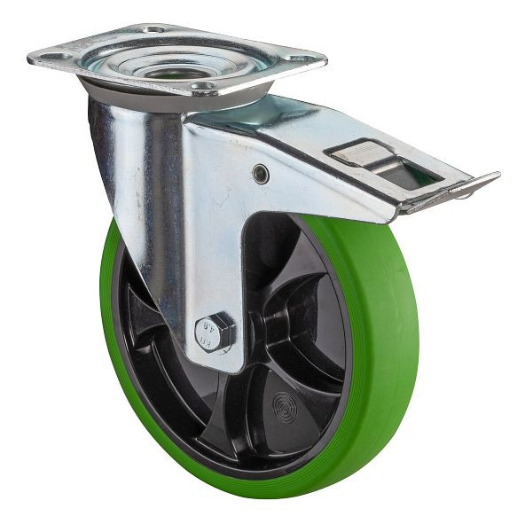 BS rollen transportwiel zwenkwiel met rem, thermoplastisch rubberen wiel, groene band, zwarte velg, rollager, plaat, 200 mm, L420.B44.201.04