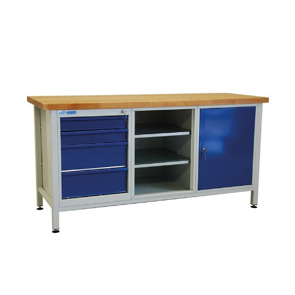 ADB werkbank 1 legborddeel + 4 laden + 1 deur, 1700x600x840 mm, kleur werktafel: lichtgrijs, RAL 7035, kleur deur/lade: lichtblauw (RAL 5012), 42736