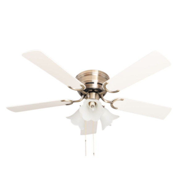 Pepeo Extra platte plafondventilator Kisa Deluxe antiek messing bladen wit/esdoorn met verlichting, 105420190