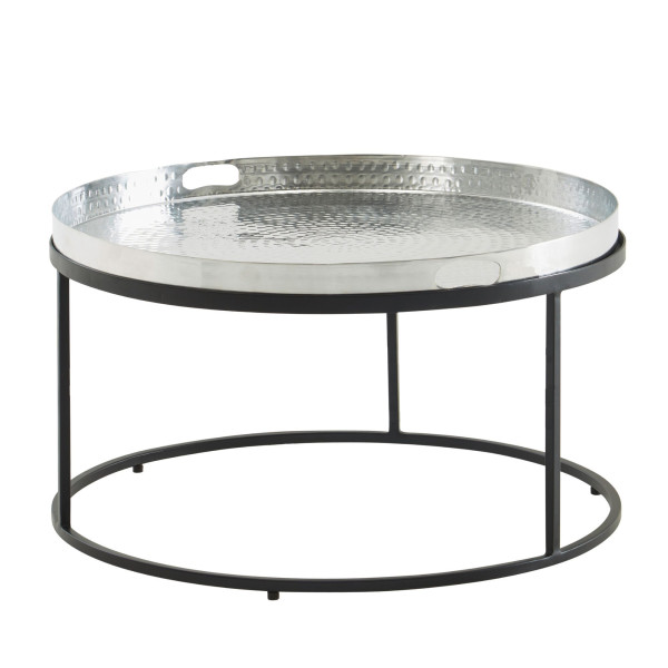 Wohnling salontafel gehamerd metaal 62x62x36 cm salontafel aluminium zilver zwart, design woonkamertafel afneembaar dienblad rond, WL6.692