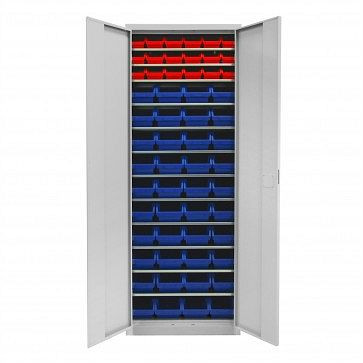 ADB draaideurkast met 58 zichtbare opbergdozen en planken, afmetingen BxLxH: 116x212x75 mm, kleur: rood, kleur: blauw, 40829