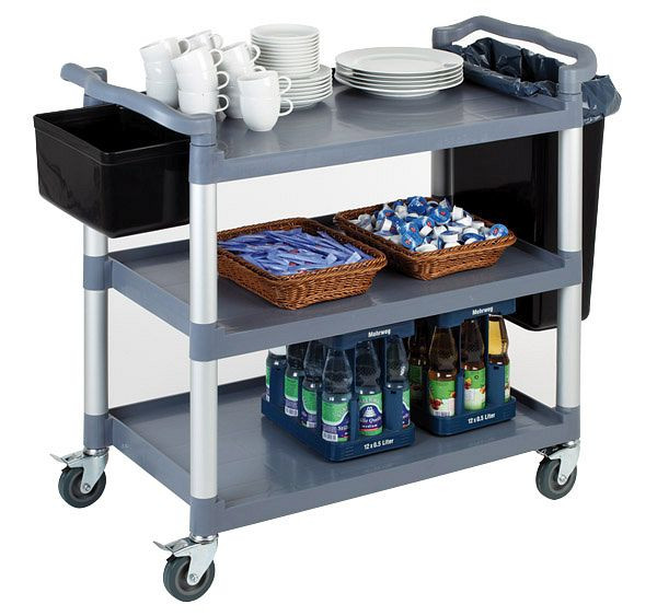 APS serveer-/transportwagen, 108 x 50 cm, hoogte: 96 cm, polypropyleen, grijs, aluminium frame, 3 planken, 11945