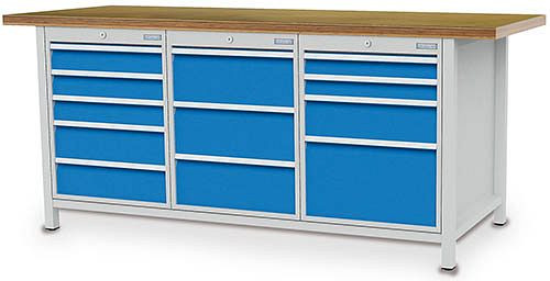 Bedrunka + Hirth box werkbank serie 2000 R18-24, 3x100, 2x150, 3x200, 2x75, 1x150, 1x300mm, lade volledig uittrekbaar 100%, 2000 x 750 x 859 mm, 03.19.44V
