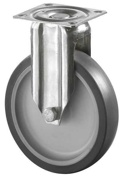 BS rollen RVS apparatenrol, breedte 28 mm, Ø125 mm, tot 70 kg, grijs rubberen loopvlak, kunststof wiellichaam, plaat, glijlager, G110.A80.126