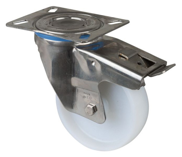 BS rollen RVS transportrol met rem, breedte 37,5 mm, Ø125 mm, tot 250 kg, loopvlak/wiellichaam kunststof, glijlager, plaat, H120.A90.126