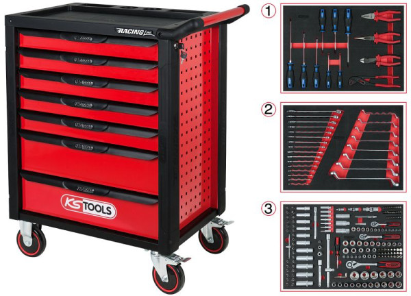 KS Tools RACINGline ZWART/ROOD werkplaatswagen met 7 laden en 215 premium gereedschappen, 826.7215