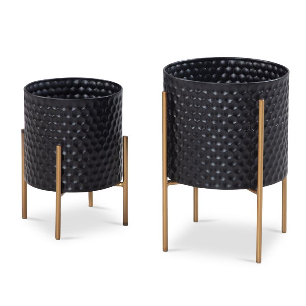 Wohnling bloempot set van 2 metalen plantenpotten zwart/goud met poten, design plantenpot rond, met honingraatpatroon in 3D, WL6.752