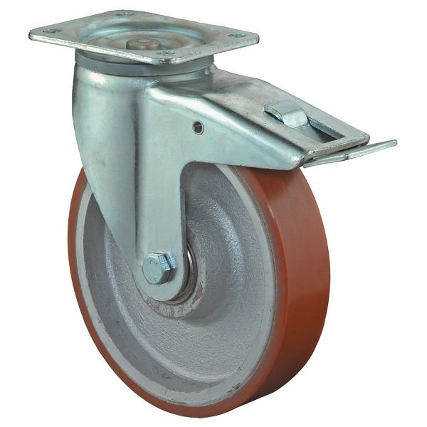 BS-wielen Zwaarlastwiel met rem, breedte 50 mm, Ø200 mm, tot 1000 kg, loopvlak polyurethaan gegoten 95 Shore A, gegoten, kogellager, L620.C10.200