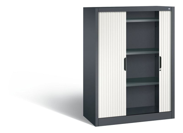 C+P dressoir met rolluik Omnispace, H1345xB1000xD420mm, kleur: zwartgrijs/verkeerswit, verzonken greep, 3 niveaus, 3222-00 S10088