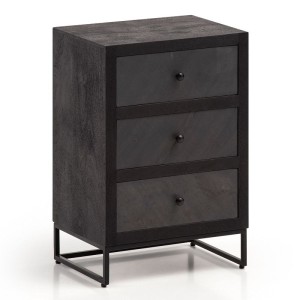 Wohnling nachtkastje Mango massief hout / steenlook 40x60x30 cm nachtkastje boxspringbed, design nachtconsole zwart met 3 laden, WL6.768
