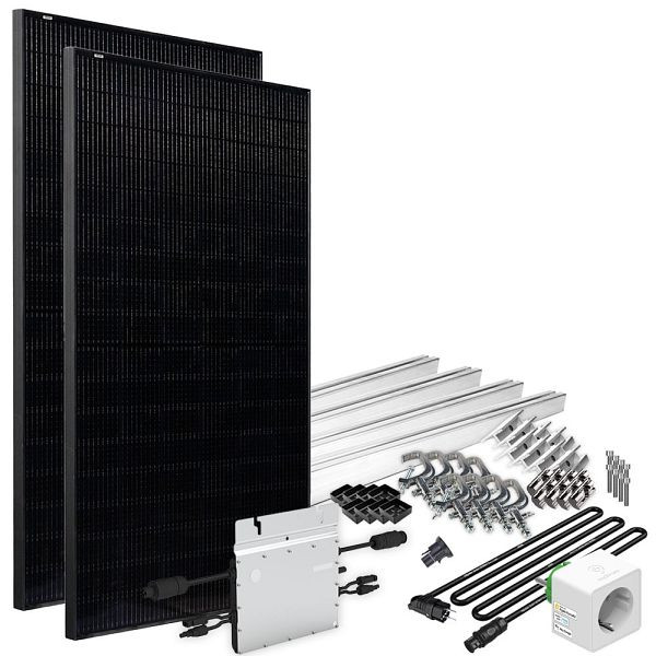 Offgridtec Solar-Direct 820W HM-800 balkonstroomcentrale Volledig zwart Schuko stopcontact - 5m - montageset voor balkonleuningen met elektriciteitsmeter, 4-01-016030-025