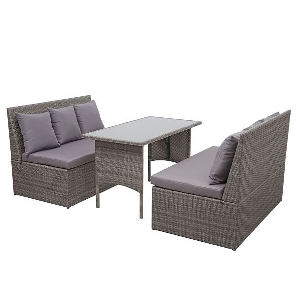 Mendler poly rotan set HWC-G16, tuin/loungeset zitgroep, gastronomy 2x2 banktafel, grijs, kussens donkergrijs, 70863