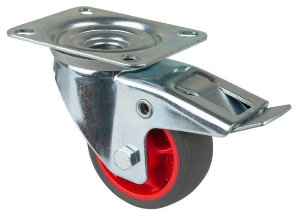 BS rollen transportwiel zwenkwiel met rem, thermoplastisch rubberen wiel, grijze band, rollager, plaat: 80 mm, VE 4 stuks, L420.B44.081.03