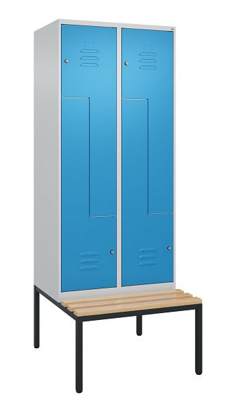 C+P Z-Spind Classic PLUS, mit untergebauter Sitzbank, 4 Abteile, 2120x800x815mm, 7035/5012, Zylinderschlösser, Buche-Sitzleisten, 0800537-224 S10019