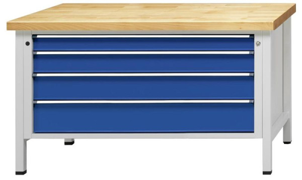 ANKE kastwerkbank; 1500x800 mm; RAL 7035/5010; Laden in XXL-formaat 1200x600 mm; 4 laden 90, 120, 150, 180 mm