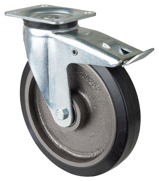 BS Rolls Zwaarlastwiel met rem, breedte 50 mm, Ø250 mm, tot 500 kg, zwarte elastische banden, gegoten wiellichaam, kogellagers, L620.B81.250
