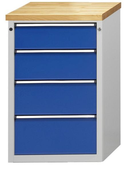 ANKE zijkast; 665 x 650 x 1020 mm; RAL 7035/5010; Massief beuken blad 40 mm; 4 laden 180, 210, 240, 270 mm, 600.307