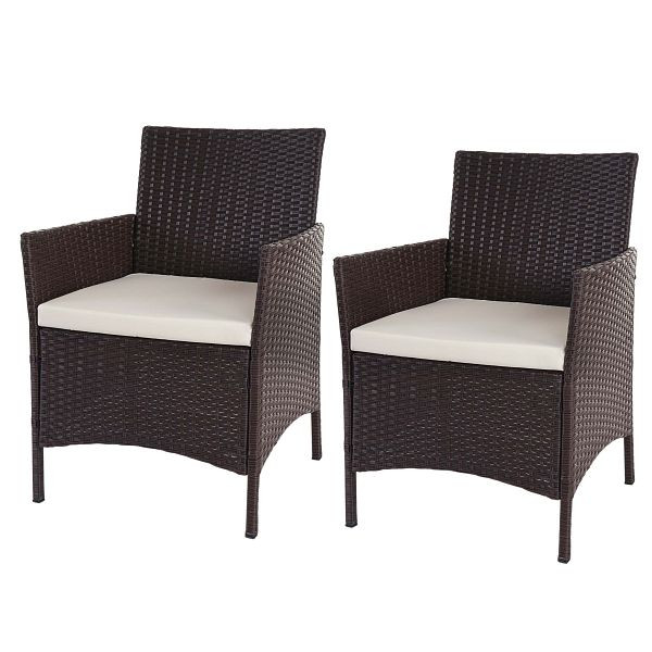 Mendler set van 2 poly rotan tuinstoelen Halden, rieten stoelen, bruin gevlekt, crèmekleurige kussens, 52033
