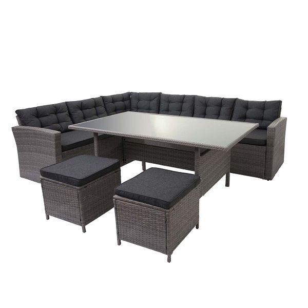 Mendler poly rotan set HWC-A29, tuinset, lounge eettafel set, bank, grijs, grijze kussens + 2x krukken, 76640+76641