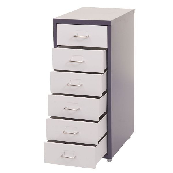 Mendler Boston T851 rolcontainer, ladekast stalen kast, 69x28x41cm 6 laden, donkergrijs wit, 72282