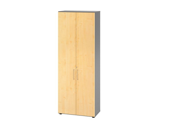 Hammerbacher combikast, 6 OH, romp: grafiet / voorkant: esdoorn, 80 x 41,7 x 215,6 cm, openingshoek 110°, metalen handgreep BS, V968T6/G/3/BS