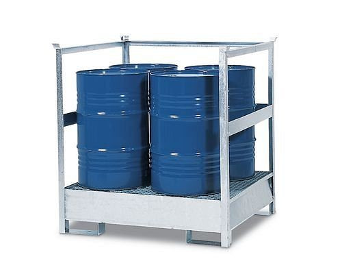 DENIOS station voor gevaarlijke goederen 4 P2-R-V50 van staal, verzinkt, voor 4 vaten van elk 200 liter, met frame, stapelbaar, 178-418