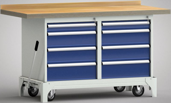 KLW mobiele professionele werkbank, 1500 x 700 x 871 mm, met beuken multiplex blad, met achterwand, WP782N-1500M45-E7060