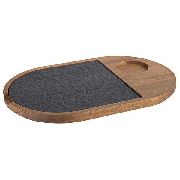 APS serveerplank, 2 delen, 28 x 17,5 cm, hoogte: 2 cm, acaciahout, natuurleisteen, met hak: Ø 5 cm, 00814